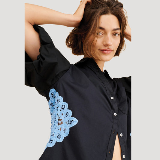 Black Bubble Sleeve Crochet Top