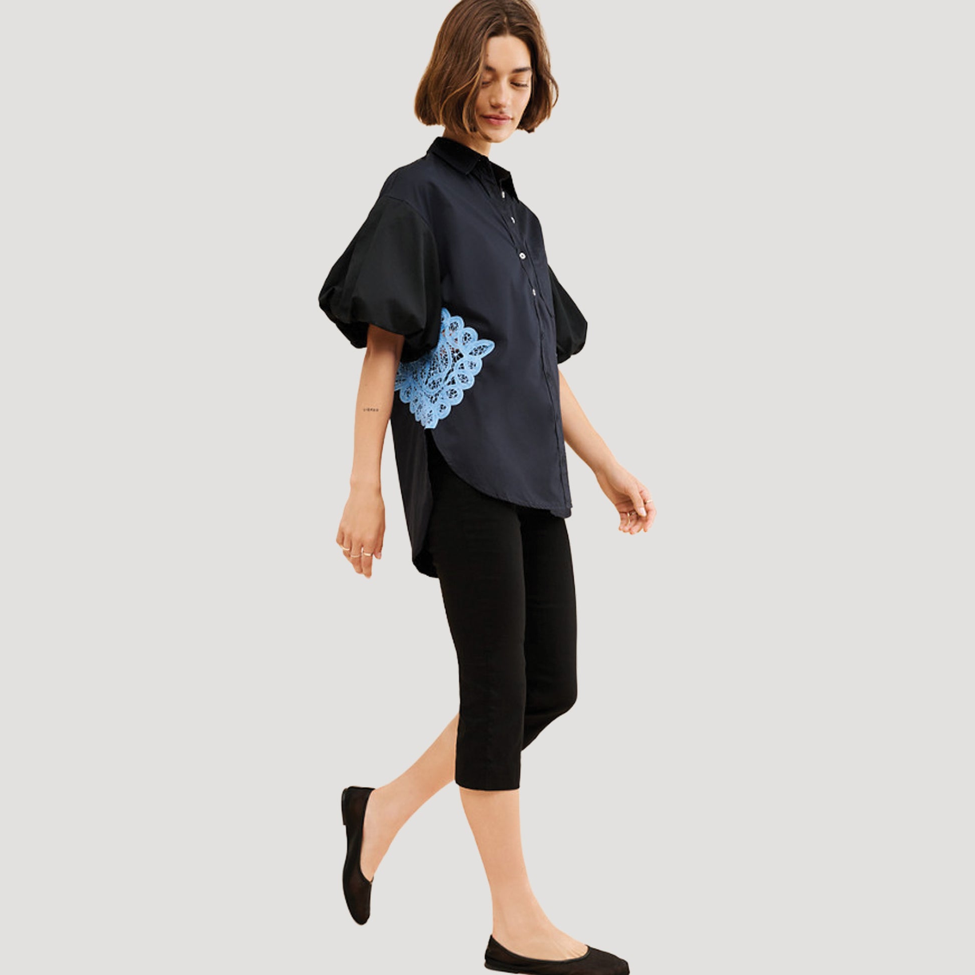 Black Bubble Sleeve Crochet Top