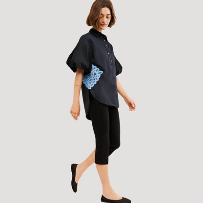 Black Bubble Sleeve Crochet Top