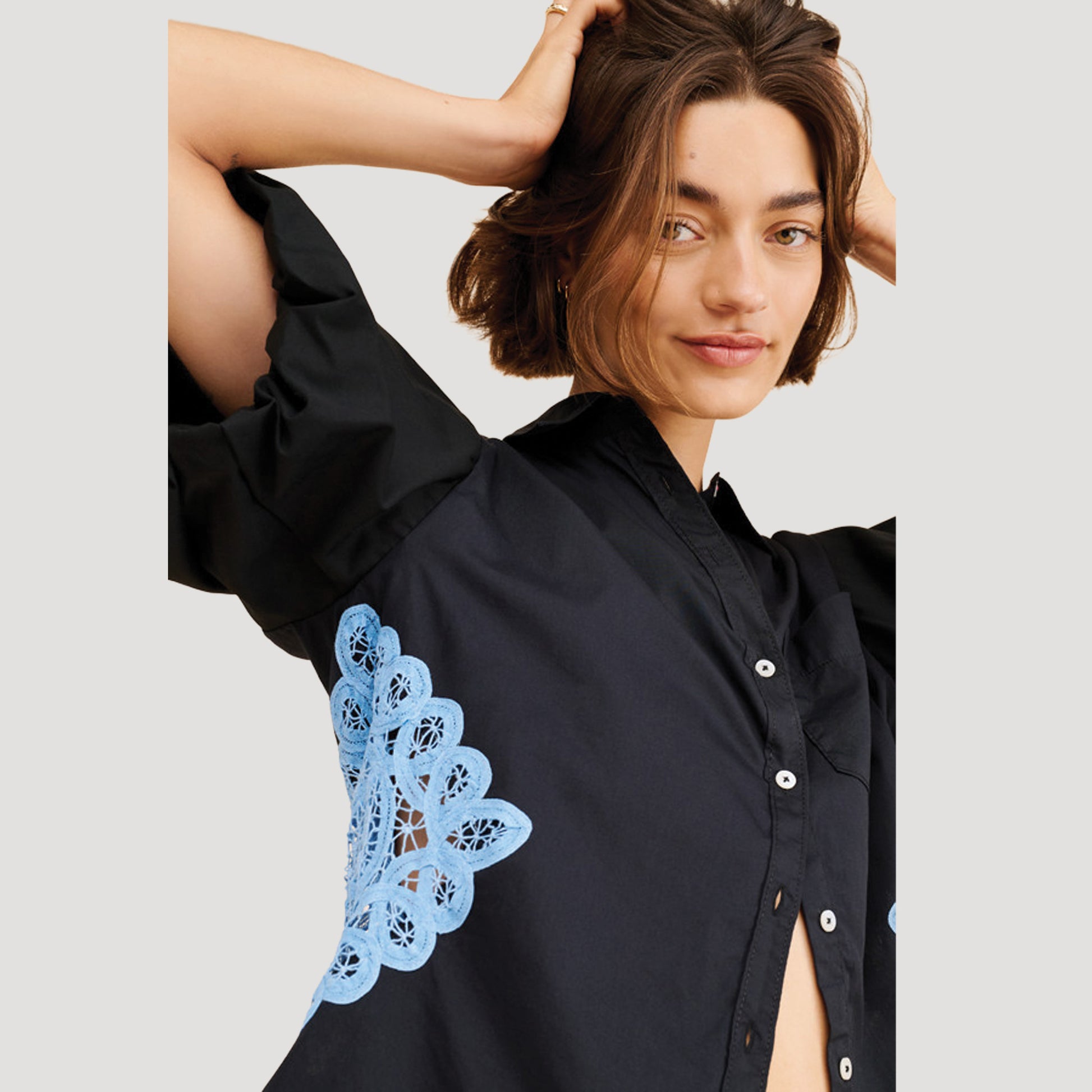Black Bubble Sleeve Crochet Top