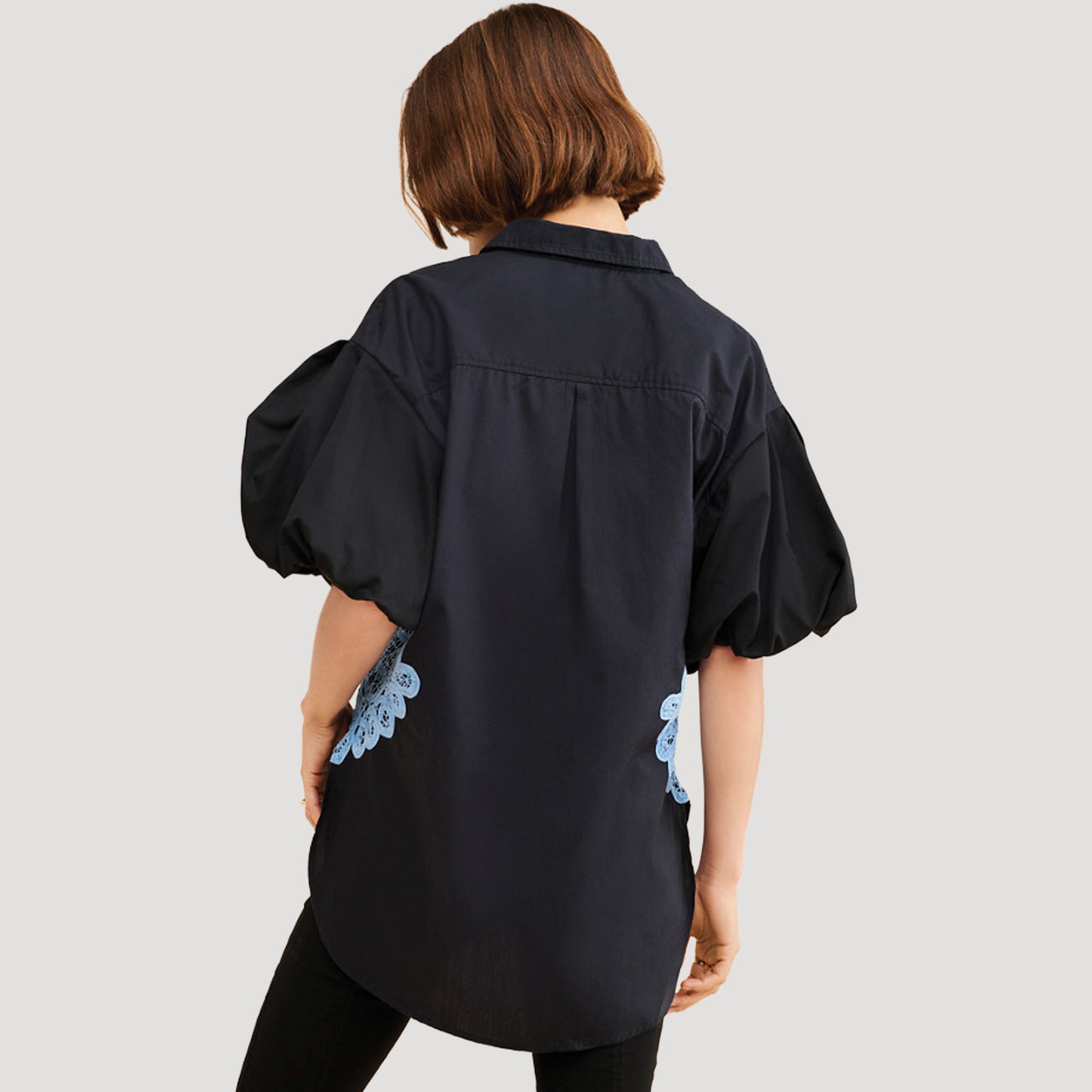 Black Bubble Sleeve Crochet Top