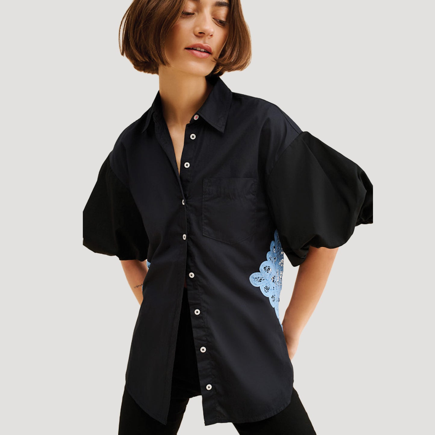 Black Bubble Sleeve Crochet Top