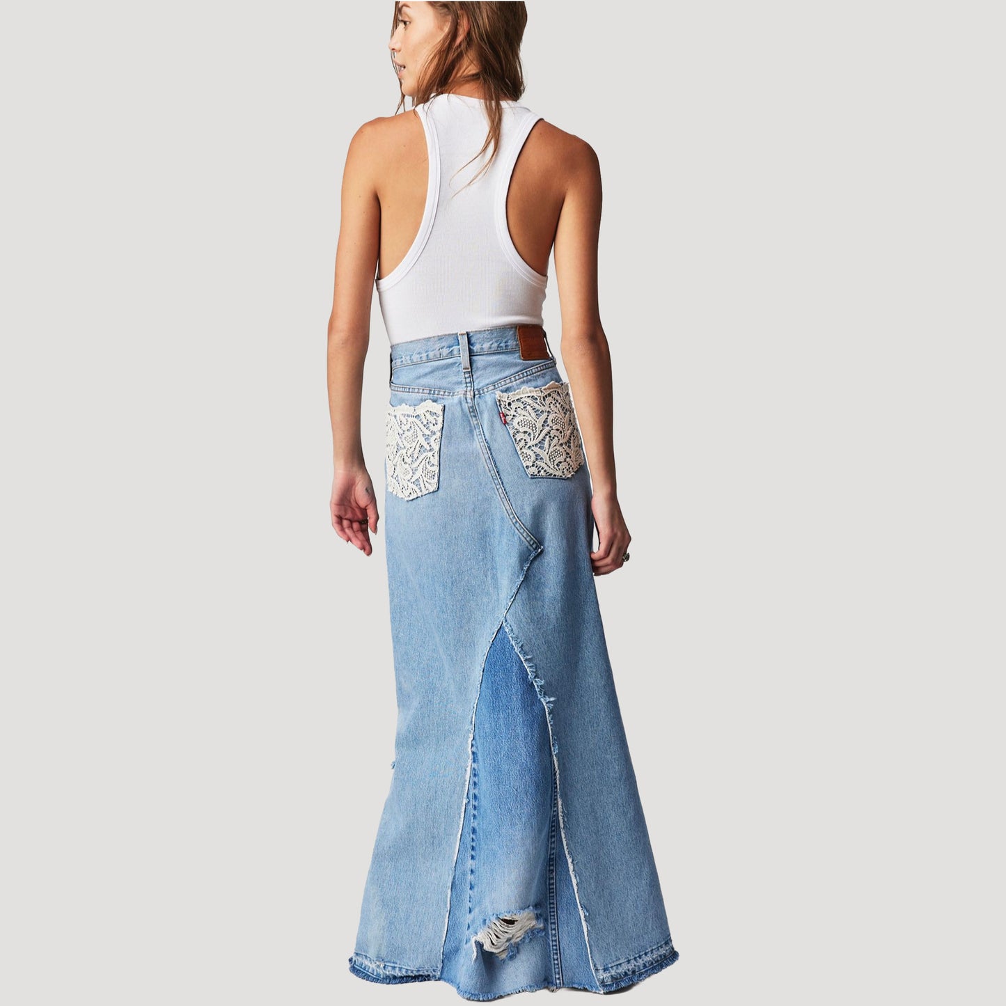 Tricia Fix Crochet Denim Maxi Skirt