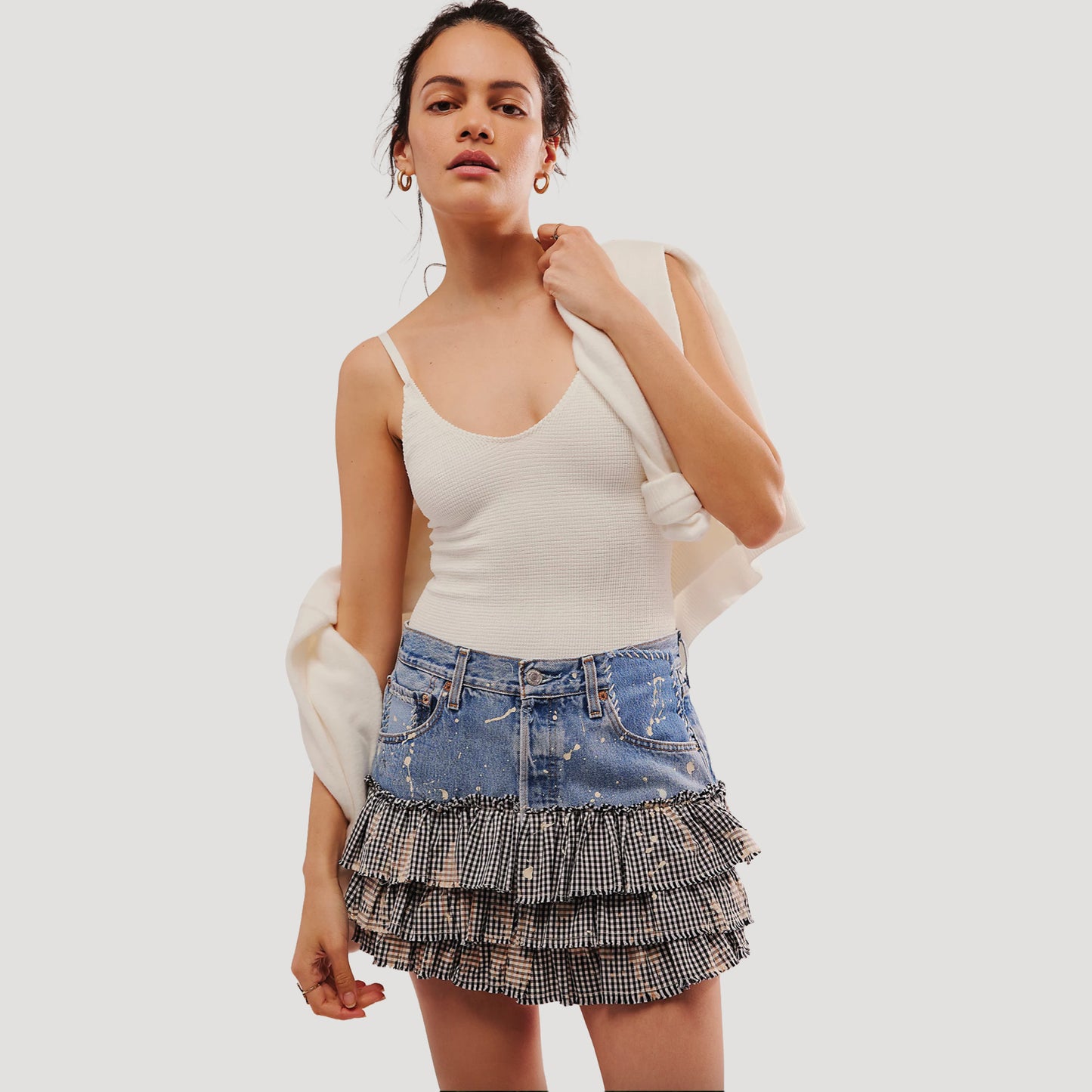 Tricia Fix Denim Ruffle Gingham Mini