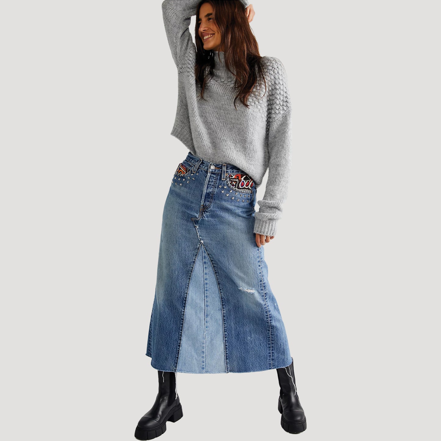 Tricia Fix Studded Denim Maxi Skirt